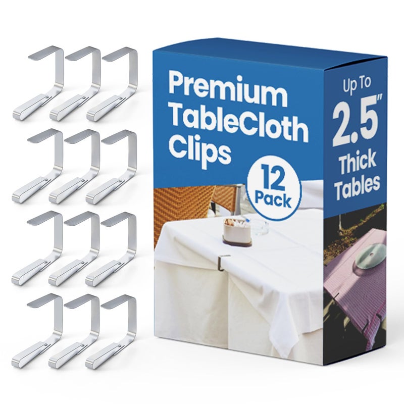 ProTensils 12Pcs Picnic Tablecloth Clips for Outdoor Tables - Stainless Steel Large Table Cloth Clip, Fits for 2.5â€ Thick Tables, Metal Clamps for Picnic Table Clips, Dining Table Cloth Holder - Image 1